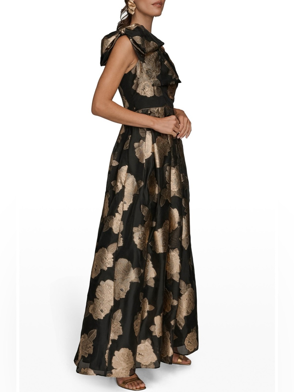 NEW Donna Karan New York One-Shoulder Metallic Jacquard Gown In Black & Gold - Picture 4 of 15